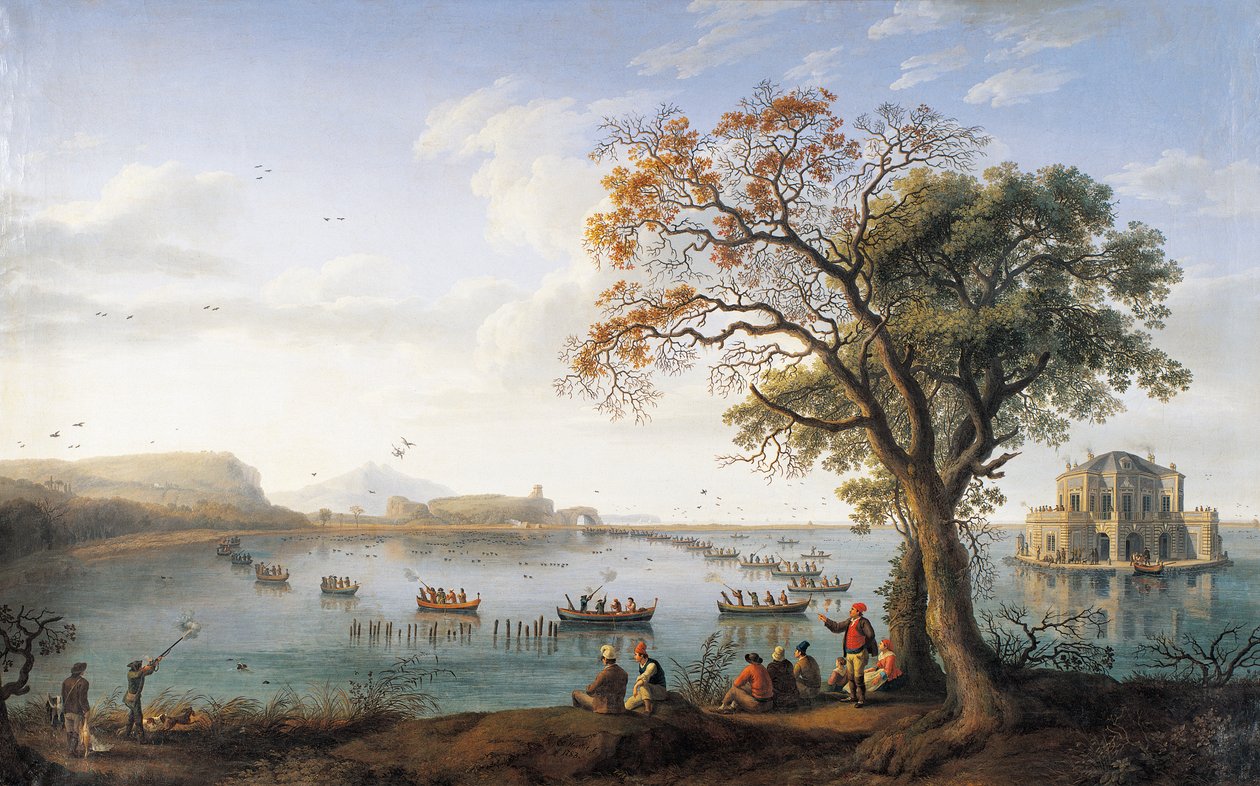Caccia alla folaga al Lago Fusano da Jacob Philippe Hackert