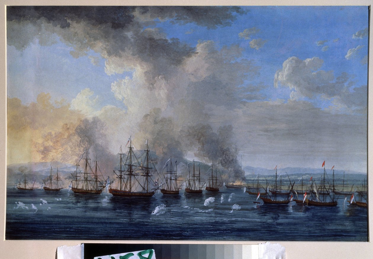 Guerra russo-ottomana: La battaglia navale del castello di Damietta nel 1770 da Jacob Philippe Hackert