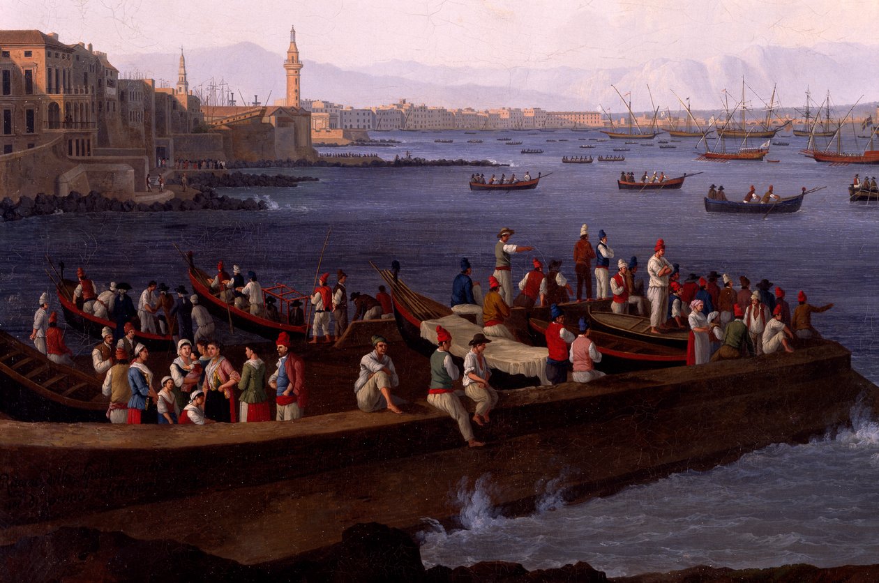 Il Golfo di Napoli vicino a Santa Lucia che mostra le flotte navali di ritorno da Algeri da Jacob Philippe Hackert