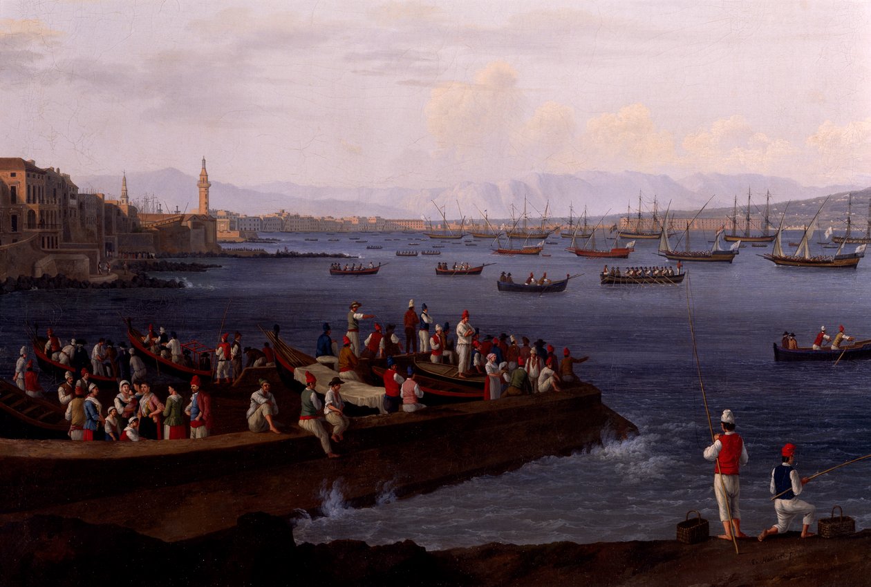 Il Golfo di Napoli vicino a Santa Lucia che mostra le flotte navali di ritorno da Algeri da Jacob Philippe Hackert