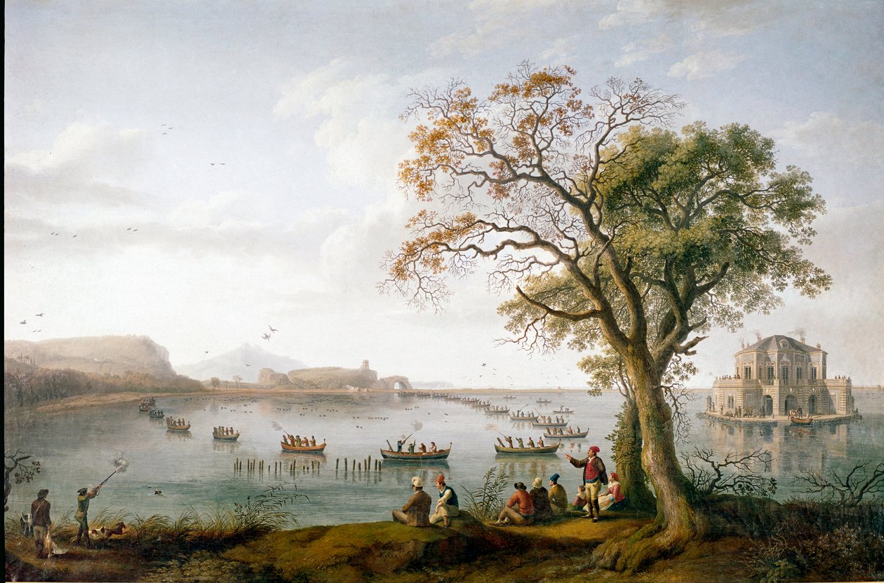 La caccia alla folaga di Ferdinando I delle Due Sicilie sul lago Fusaro vicino a Napoli, Italia da Jacob Philippe Hackert