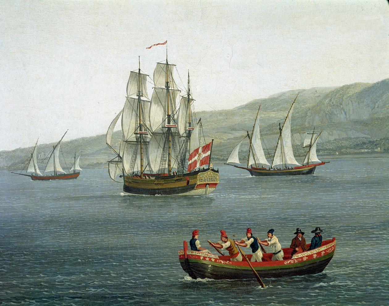 Veduta delle navi nello Stretto di Messina, Reggio Calabria, Italia (dettaglio) da Jacob Philippe Hackert