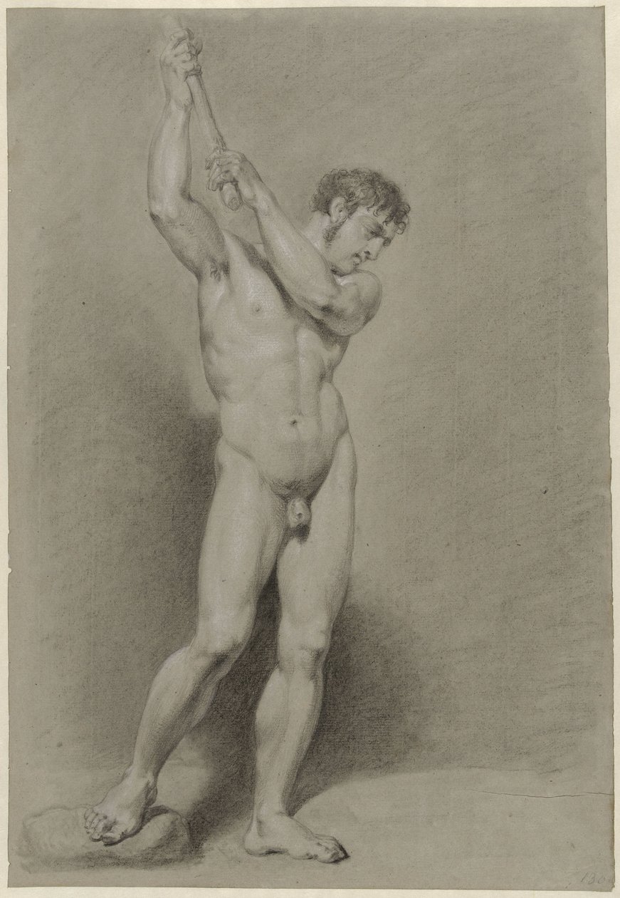 Nudo maschile in piedi con un bastone sopra la testa da Jacob Smies