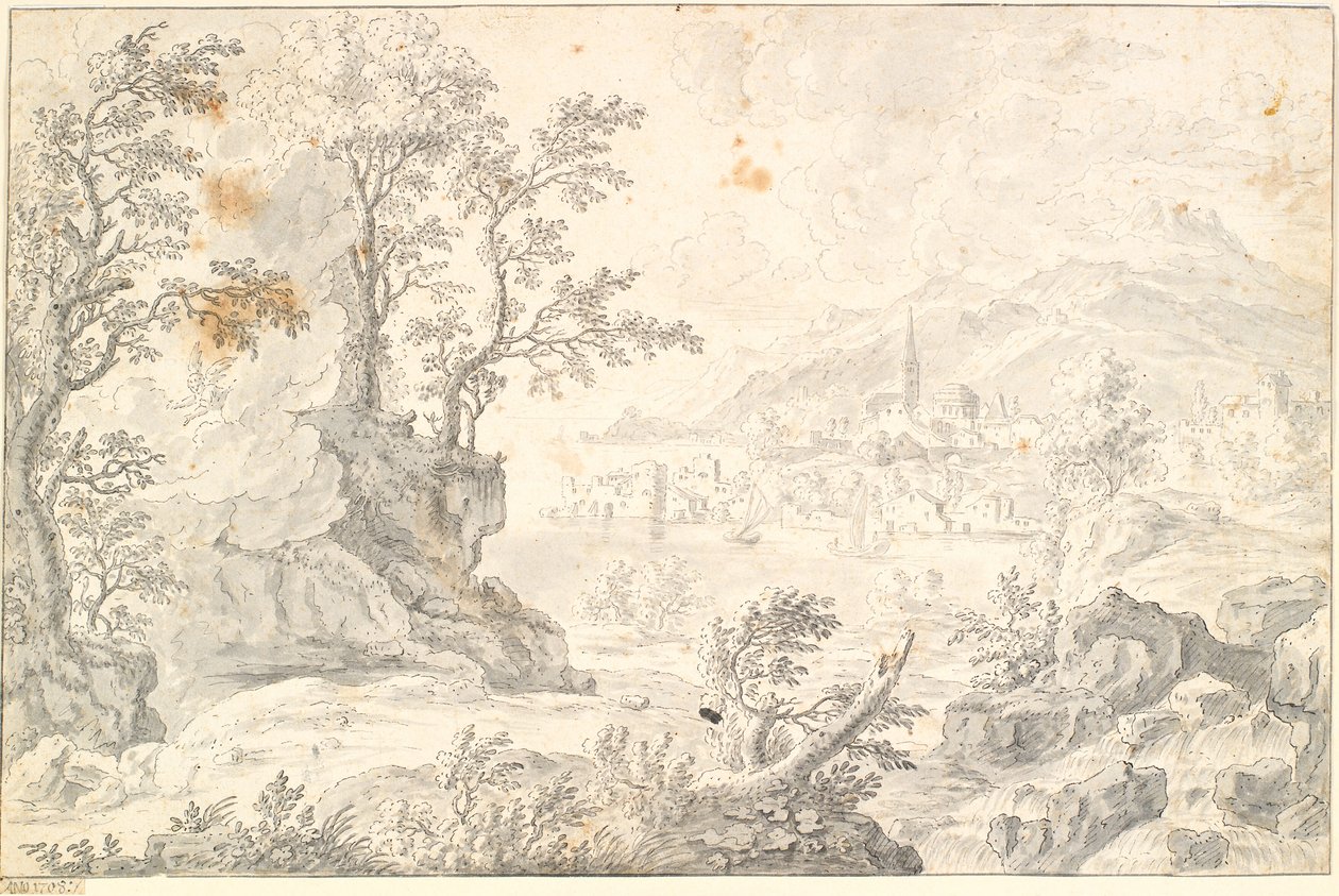 Paesaggio con una città (Amburgo?) vicino a un lago o vista sul mare da Jacob Stockmann