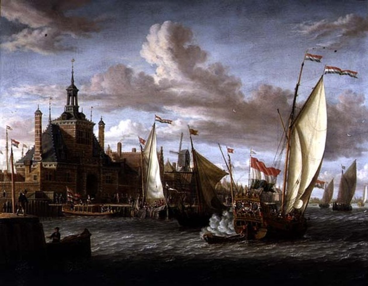 Uno yacht degli Stati di Zeeland che spara un saluto al largo del Dude Hoofdpoort, Rotterdam da Jacob Storck