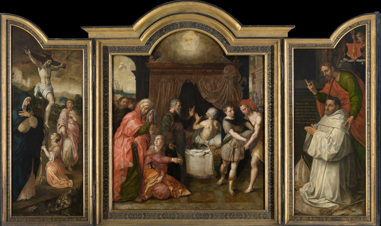 La crocifissione (ala sinistra), La profezia della guarigione di Ezechia (pannello centrale), Abate Jacobus Delrio con santo patrono (ala destra) da Jacob de Backer