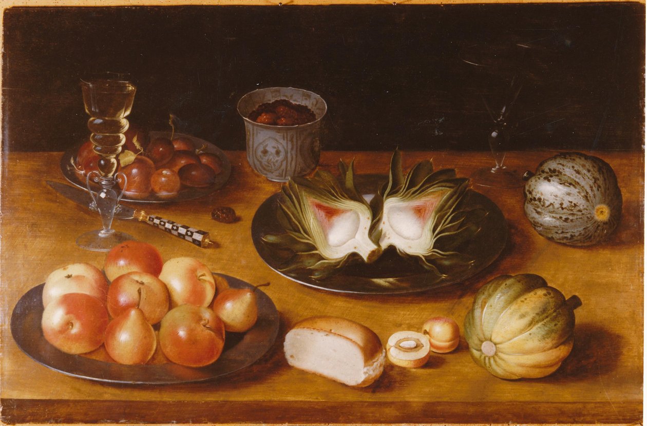 Natura morta di frutta, con vetro e panino, su un ripiano di legno da Jacob de Gheyn II
