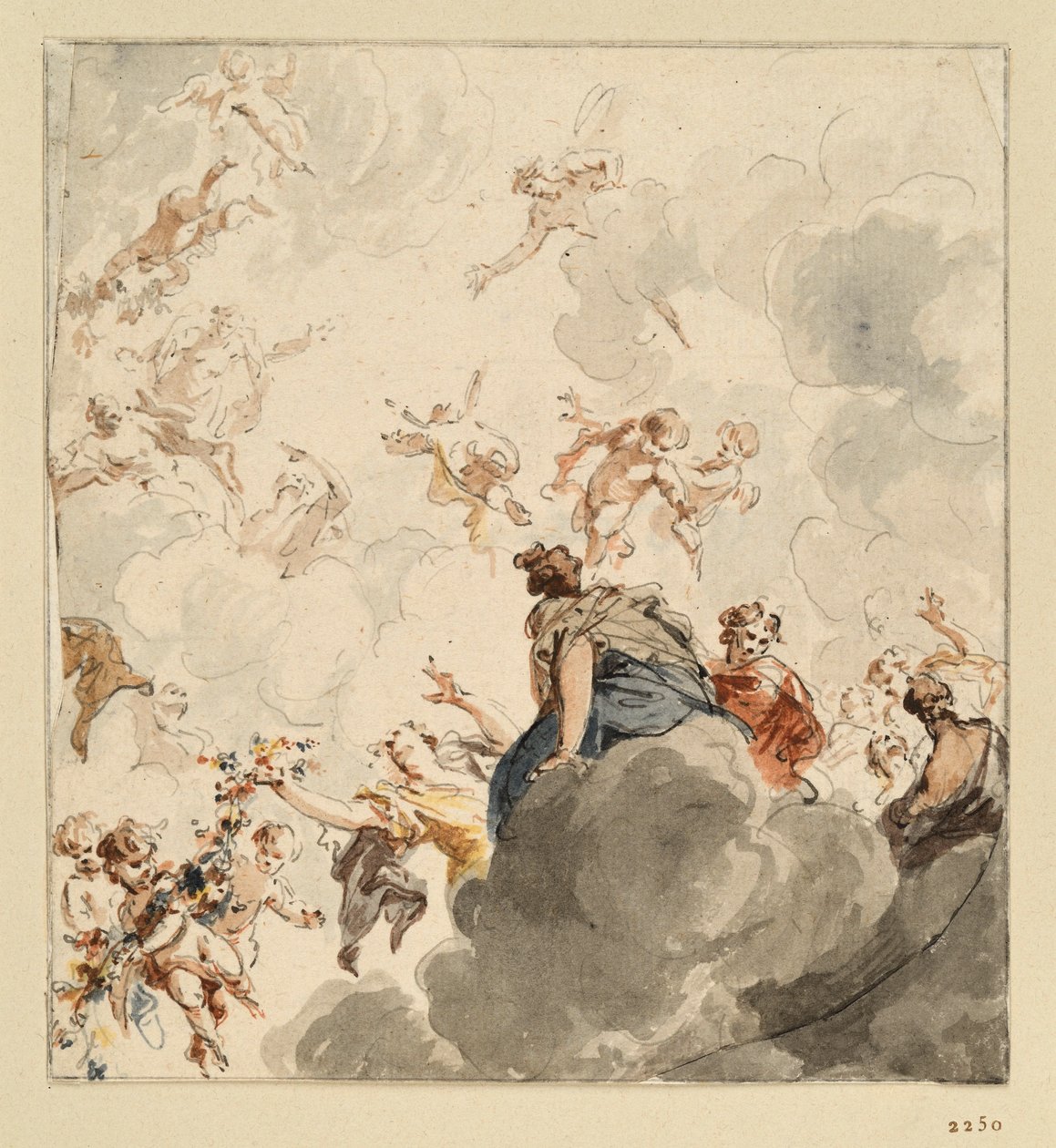 Disegno per un soffitto con figure femminili sedute sulle nuvole e amorini con fiori che volteggiano nell