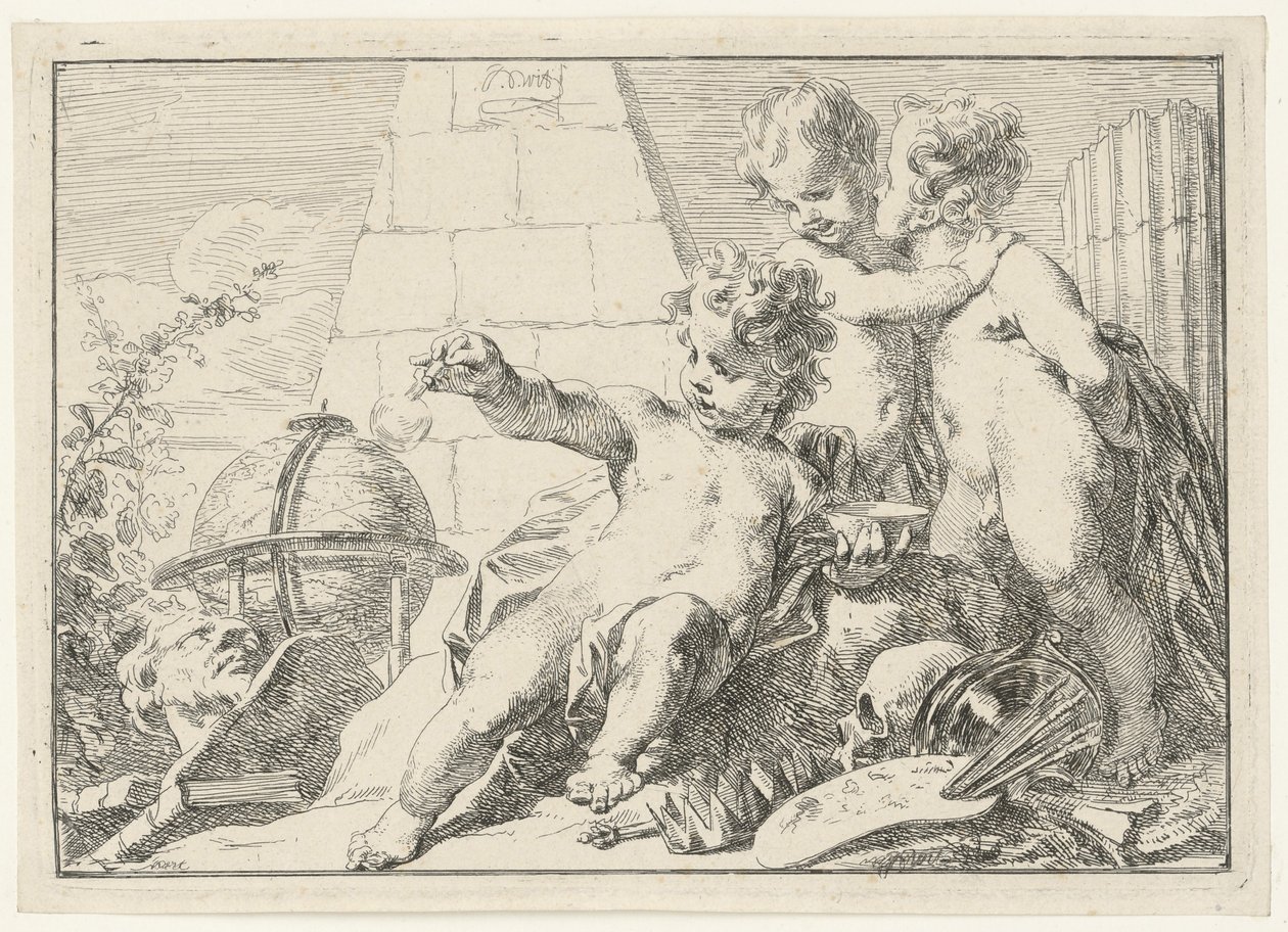 Tre geni presso una piramide da Jacob de Wit