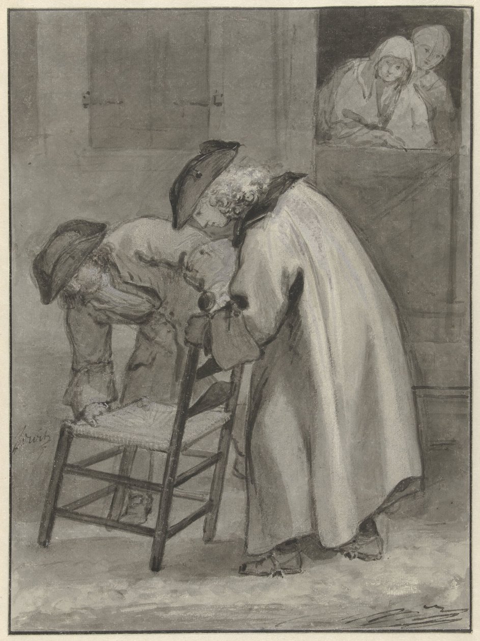 Due uomini con cappello guardano una sedia di paglia da Jacob de Wit