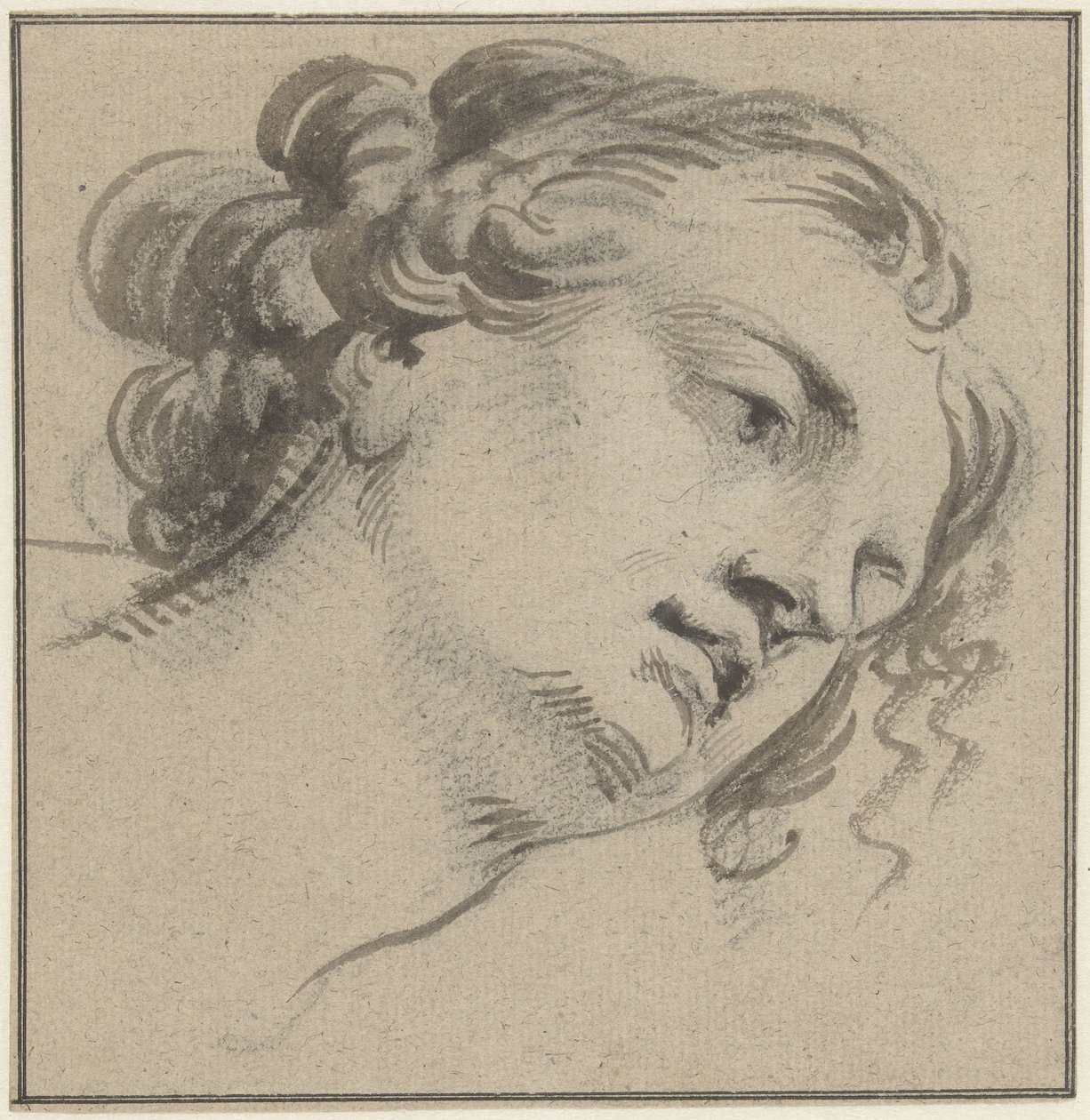Testa di donna con capelli ricci, tre quarti verso destra e chinata in avanti da Jacob de Wit