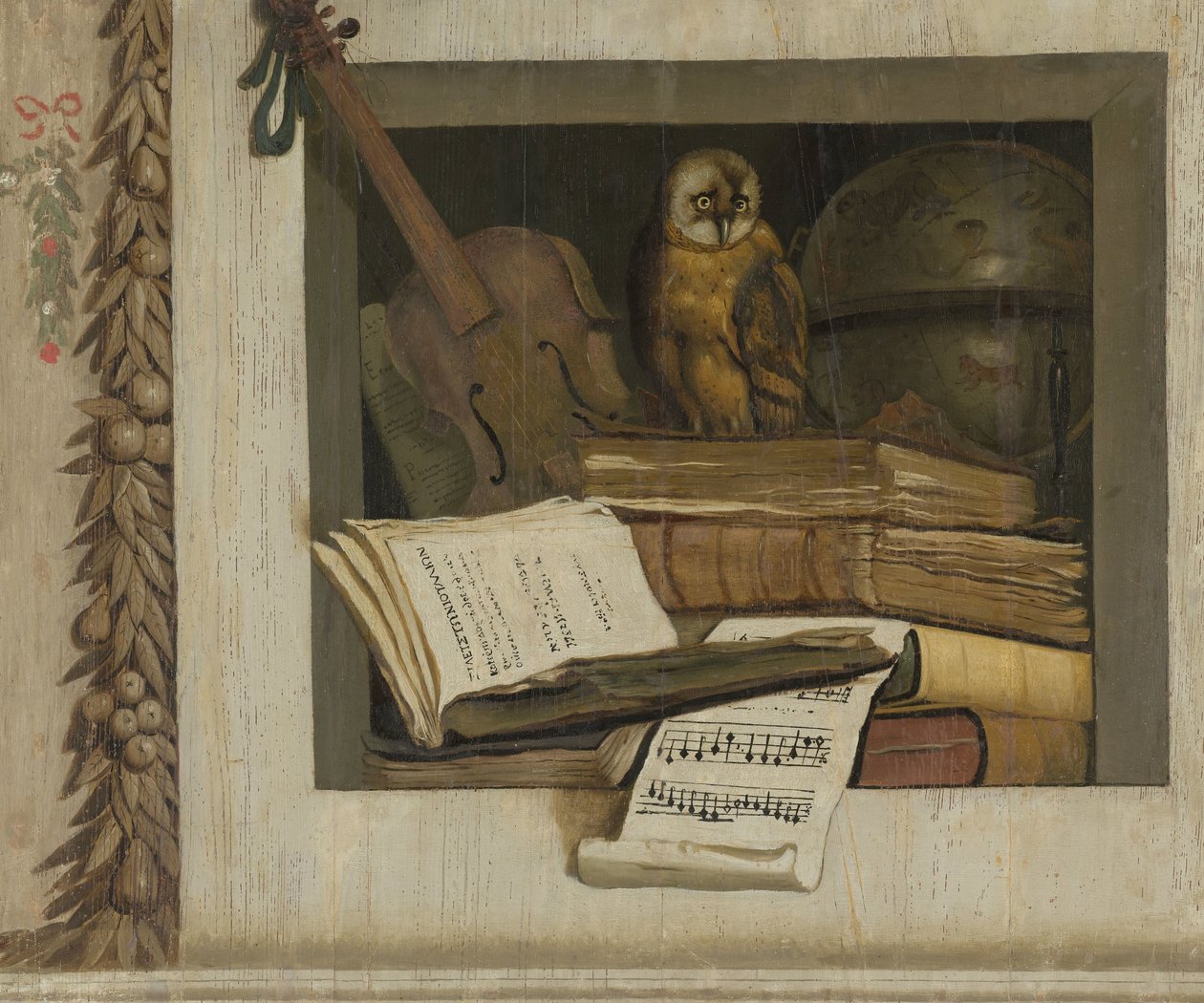 Natura morta con libri, spartiti, violino, globo celeste e un gufo da Jacob van Campen