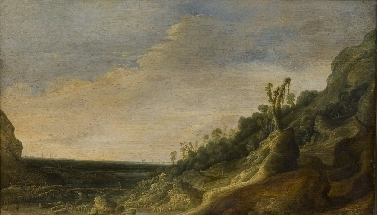Paesaggio montano con vista su un fiume e il mare da Jacob van Geel