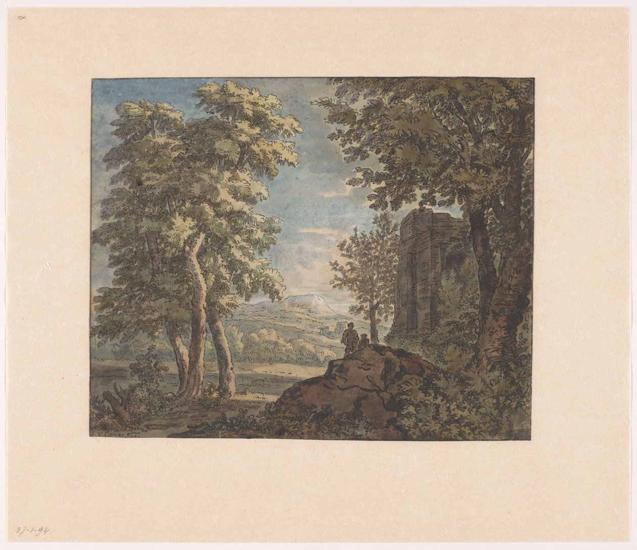 Paesaggio arcadico con rovina antica e due uomini da Jacob van Liender