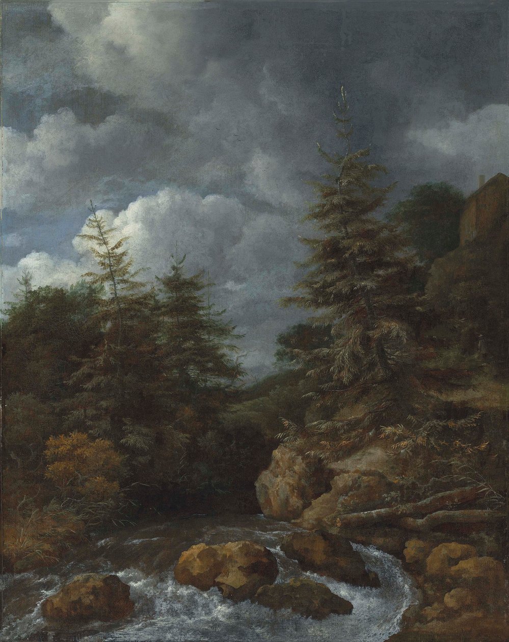 Un paesaggio fluviale con abeti vicino a una cascata da Jacob van Ruisdael