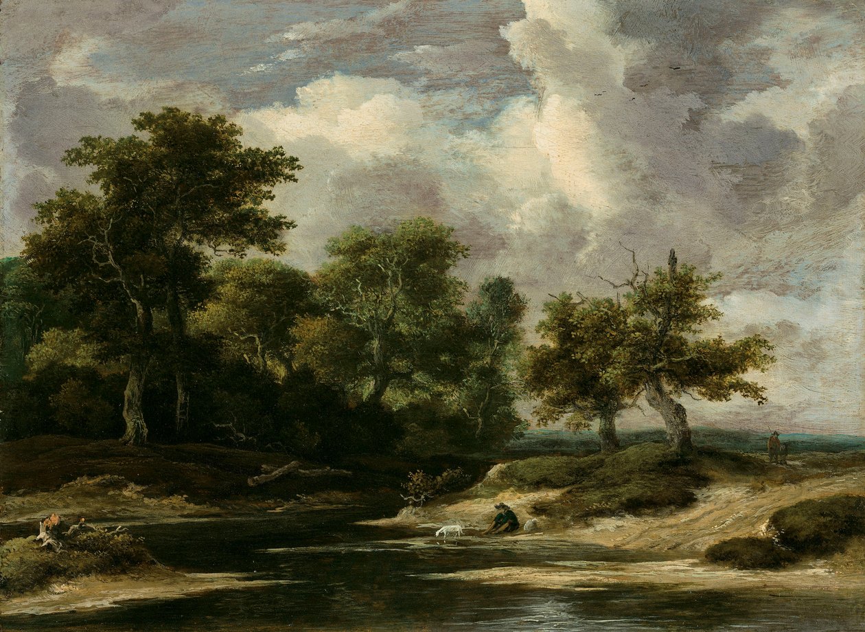 Un paesaggio fluviale boscoso con un viaggiatore e un cane da Jacob van Ruisdael