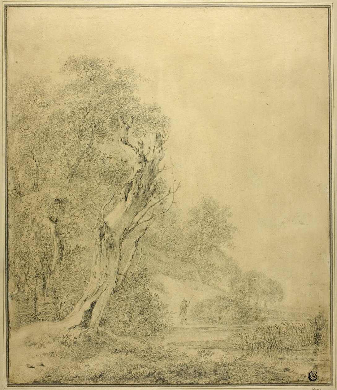 Albero morto in riva al mare, figura che si avvicina con un palo da Jacob van Ruisdael