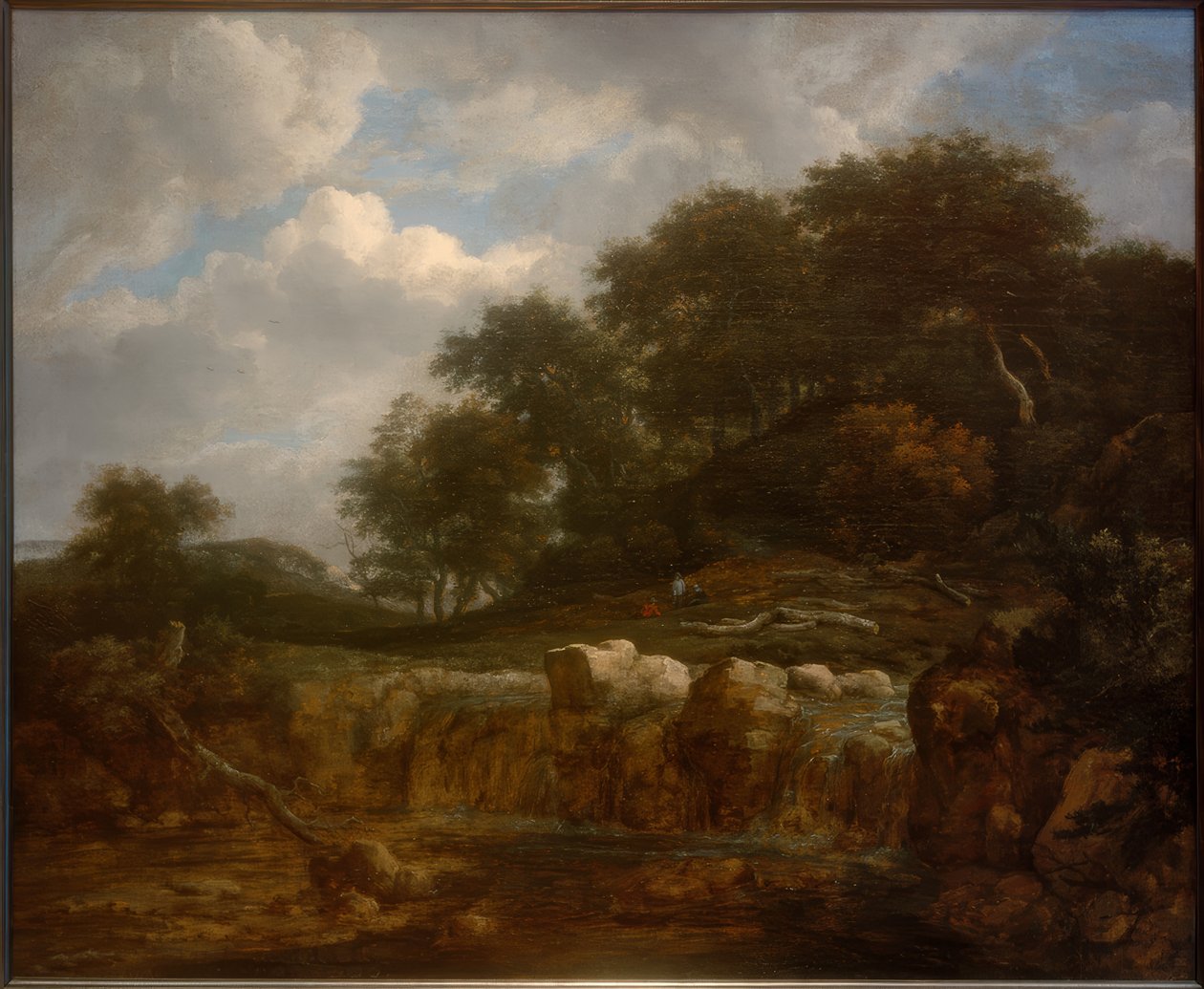 Cascata in un paesaggio boschivo collinare da Jacob van Ruisdael