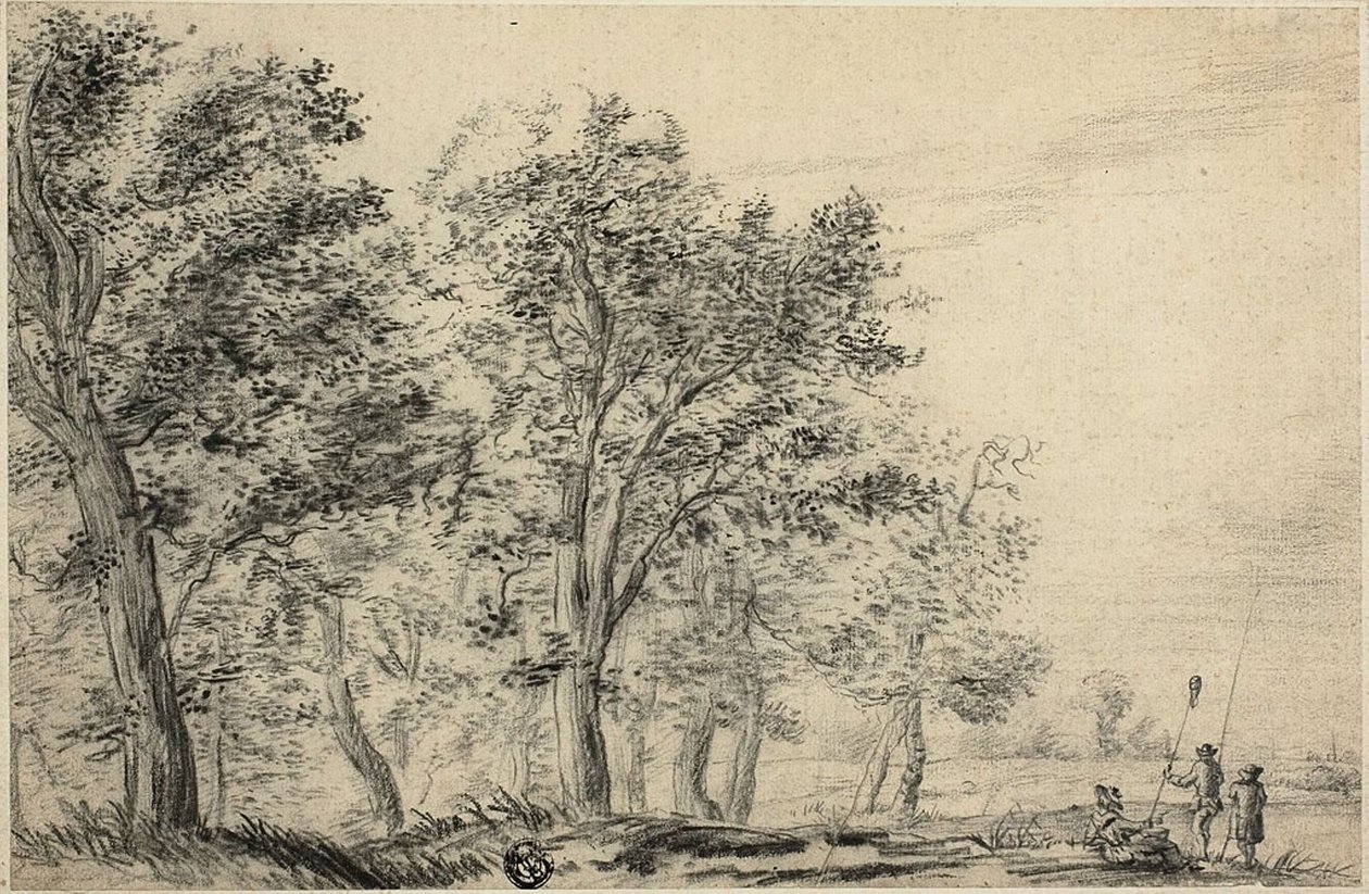 Paesaggio Fluviale Boschivo con Tre Persone che Pescano da Jacob van Ruisdael
