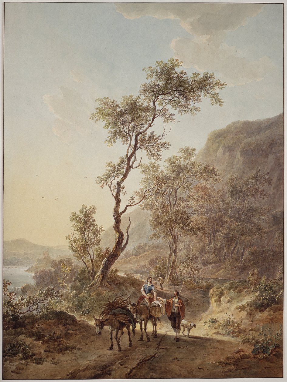 Paesaggio italianeggiante con una coppia di pastori su una strada di campagna da Jacob van Strij