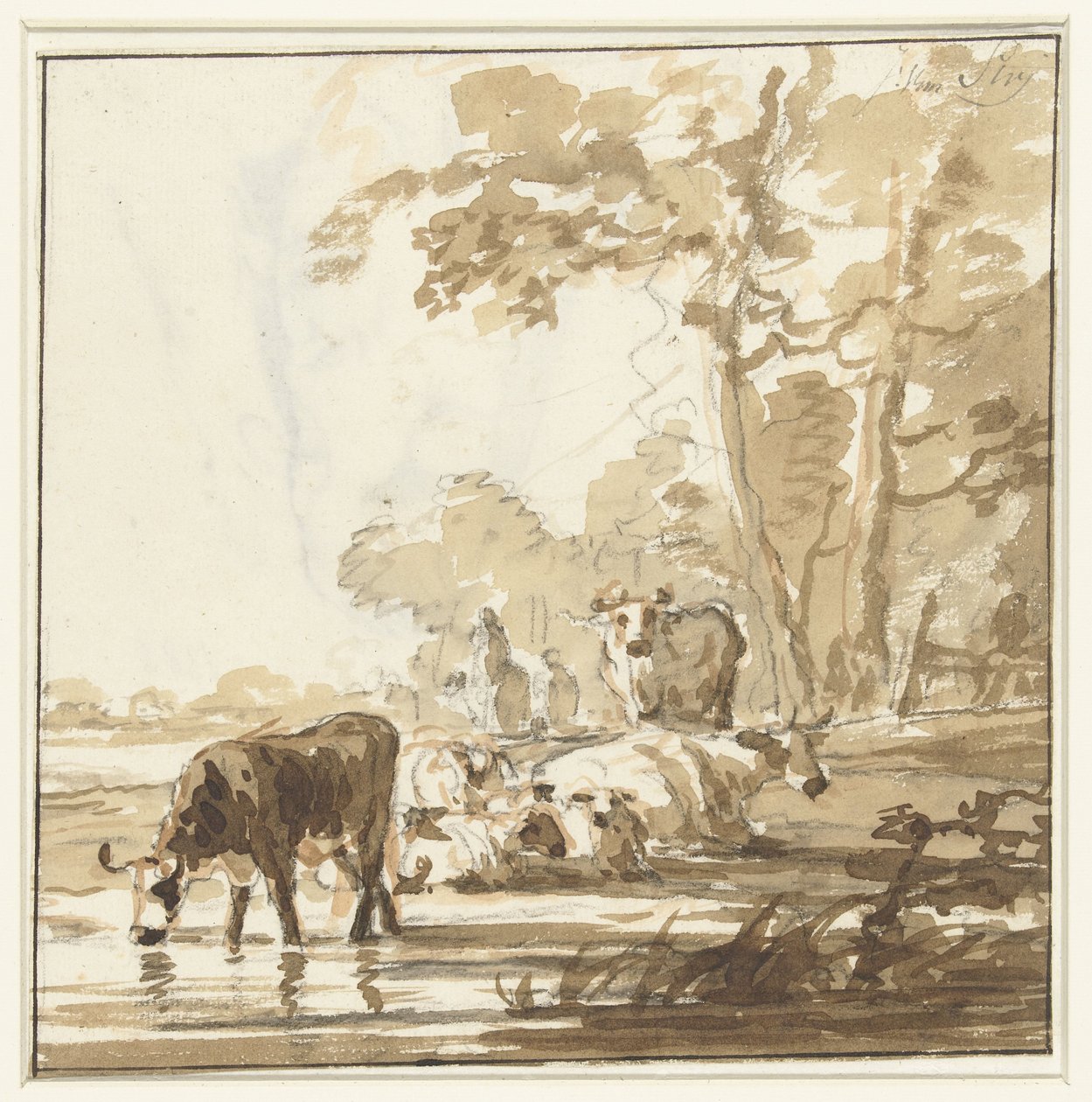 Bestiame che riposa al margine di un bosco vicino a uno stagno da Jacob van Strij
