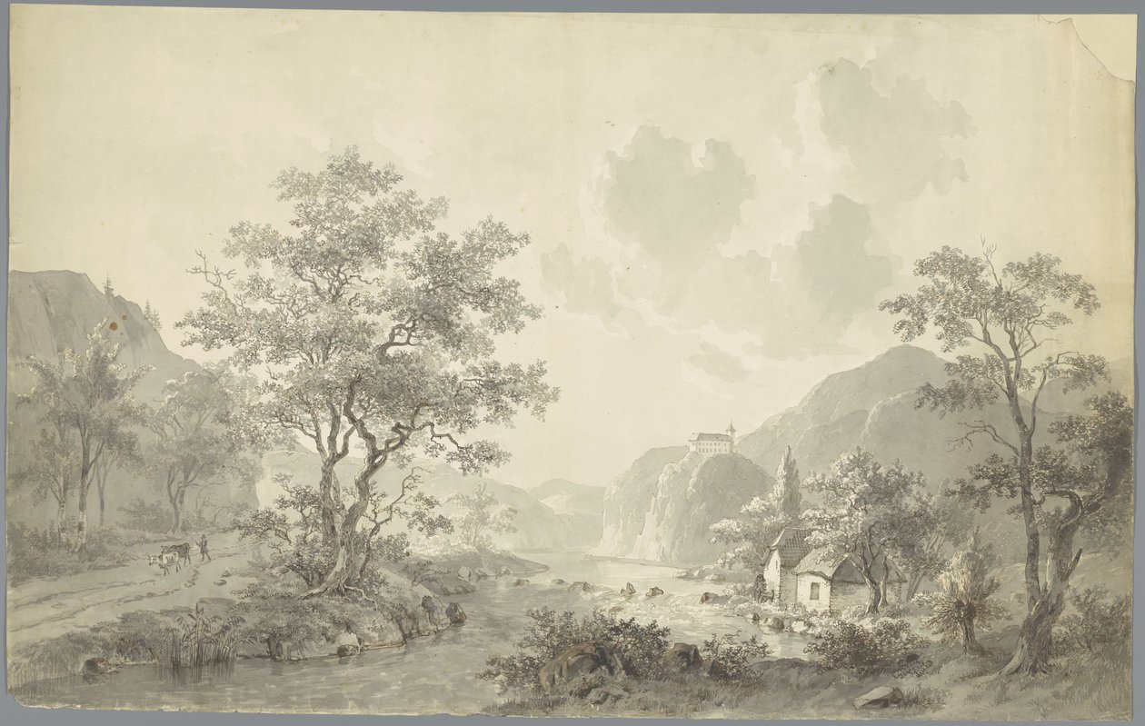 Piccola cascata presso un lago in un paesaggio montano da Jacob van Strij