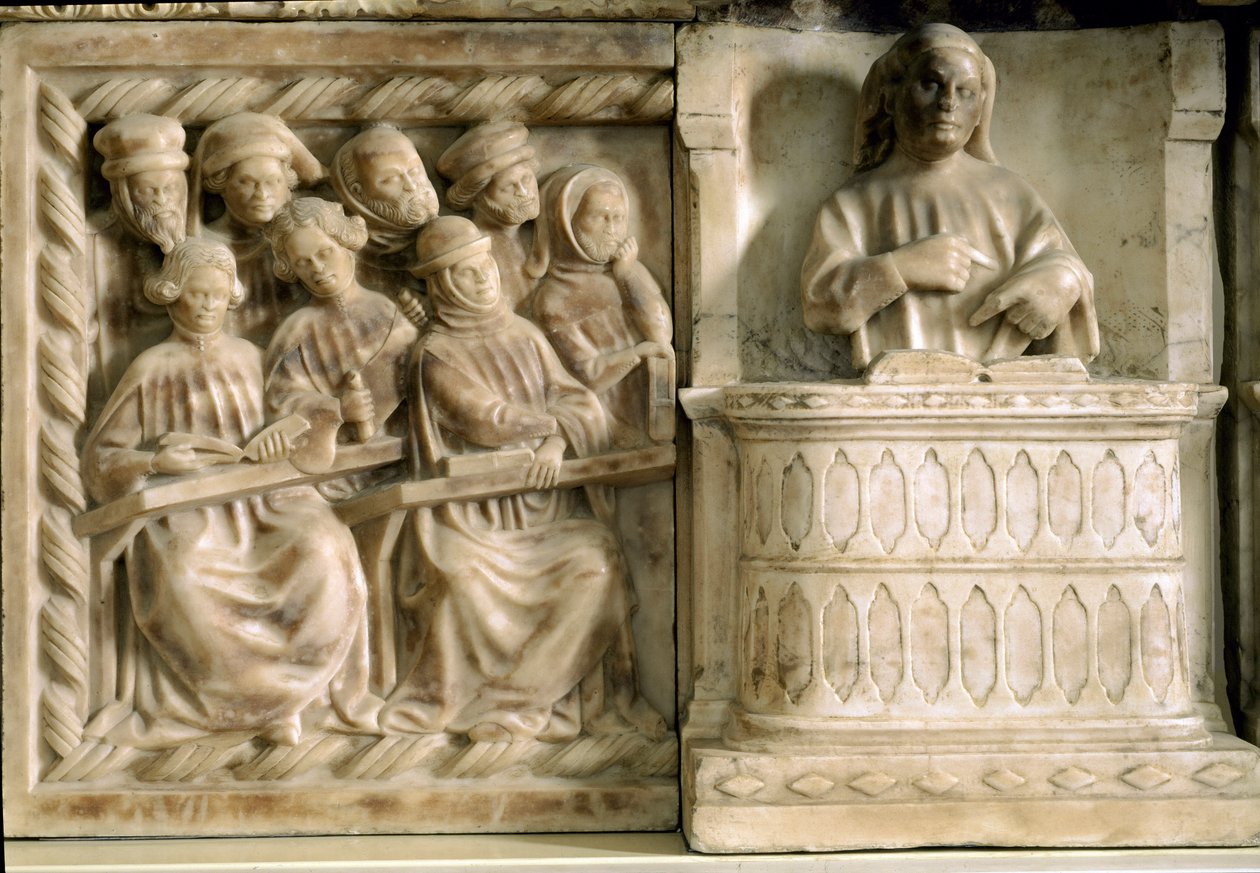 Monumento funebre di Carlo, Roberto e Riccardo da Saliceto: studenti che seguono un corso (scultura, c.1403) da Jacobello and Pier Paolo dalle Masegne
