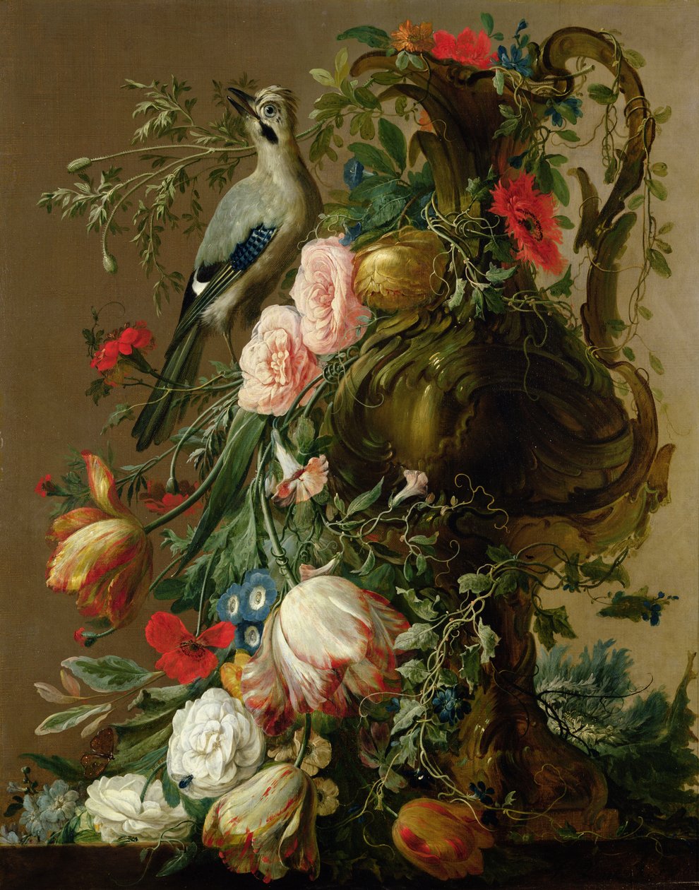Un vaso di pietra scolpito con rose, auricula, papaveri, convolvolo, con una ghiandaia su un cornicione, 1760 da Jacobes Vonck