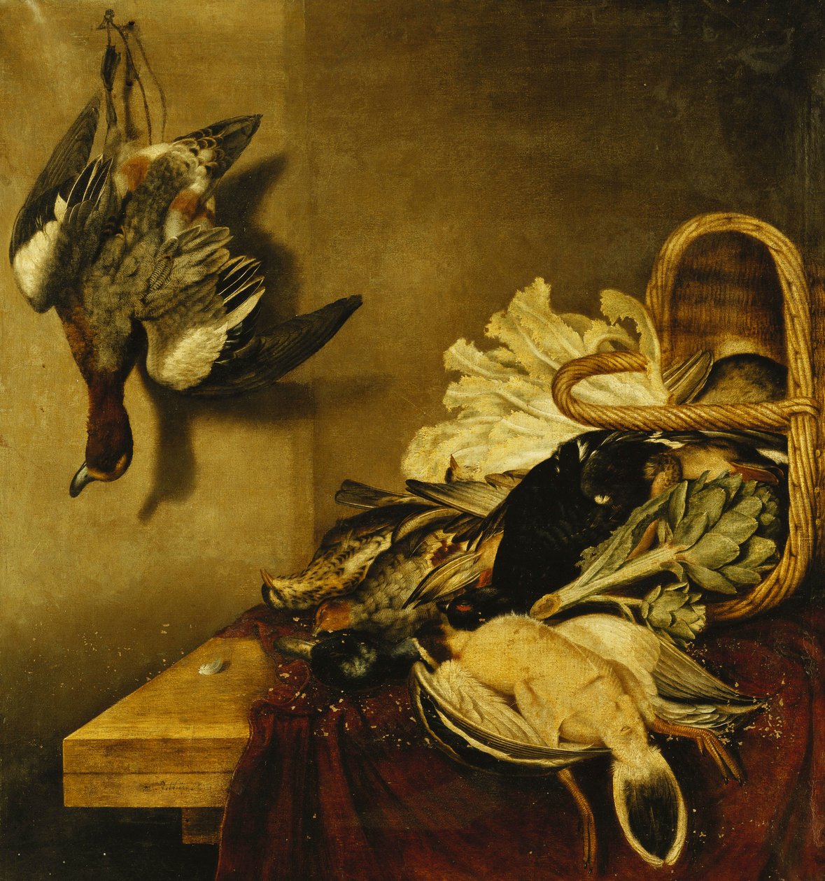 Un cesto rovesciato di volatili, una lepre, un carciofo e lattuga su un ripiano drappeggiato con un panno rosso da Jacobus Biltius