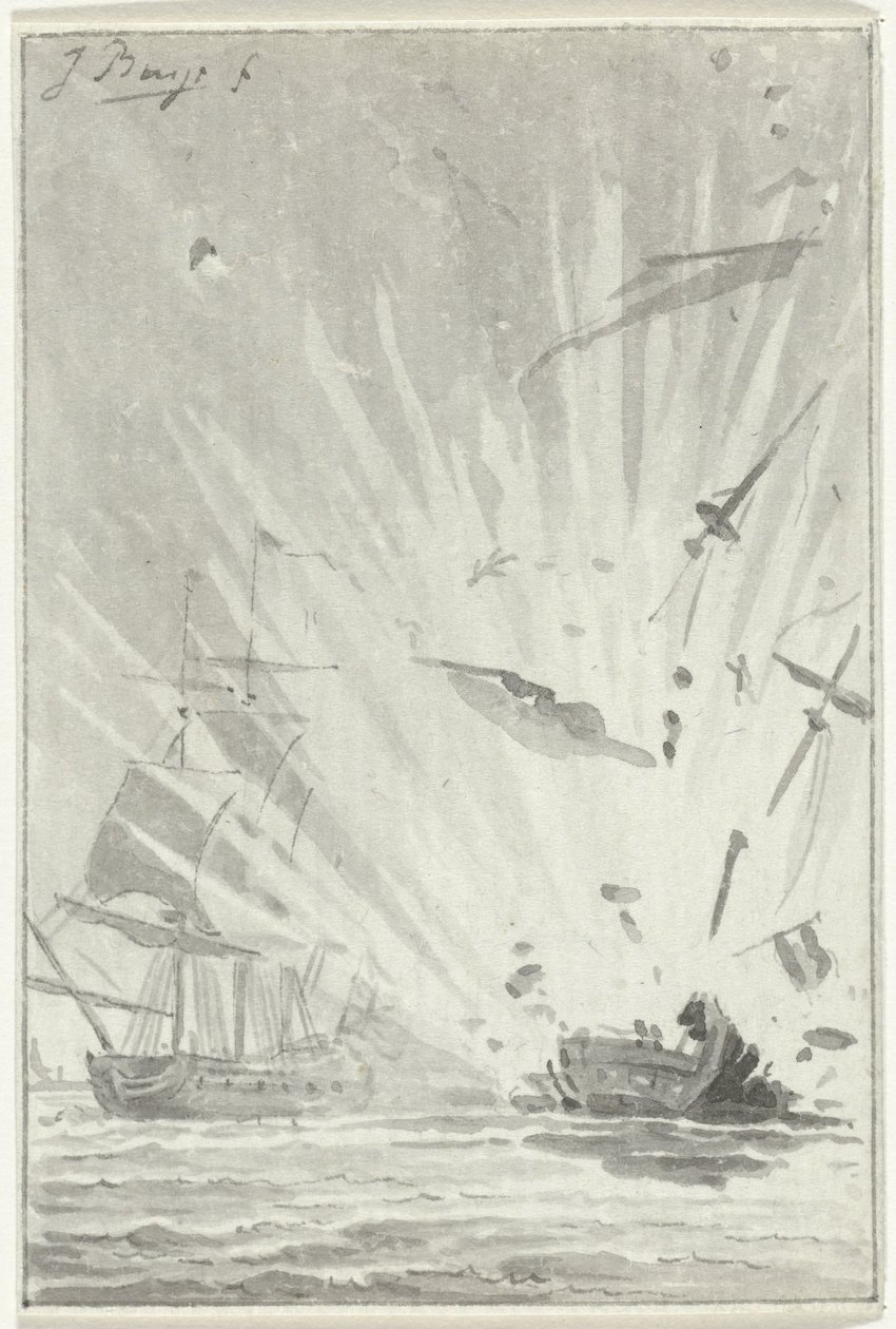 Esplosione della nave corsara olandese De Dappere Patriot in combattimento con la nave inglese Kameleon, 14 agosto 1781 da Jacobus Buys