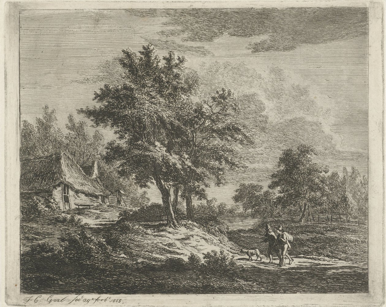 Paesaggio con passeggiatori vicino a tre alberi da Jacobus Cornelis Gaal