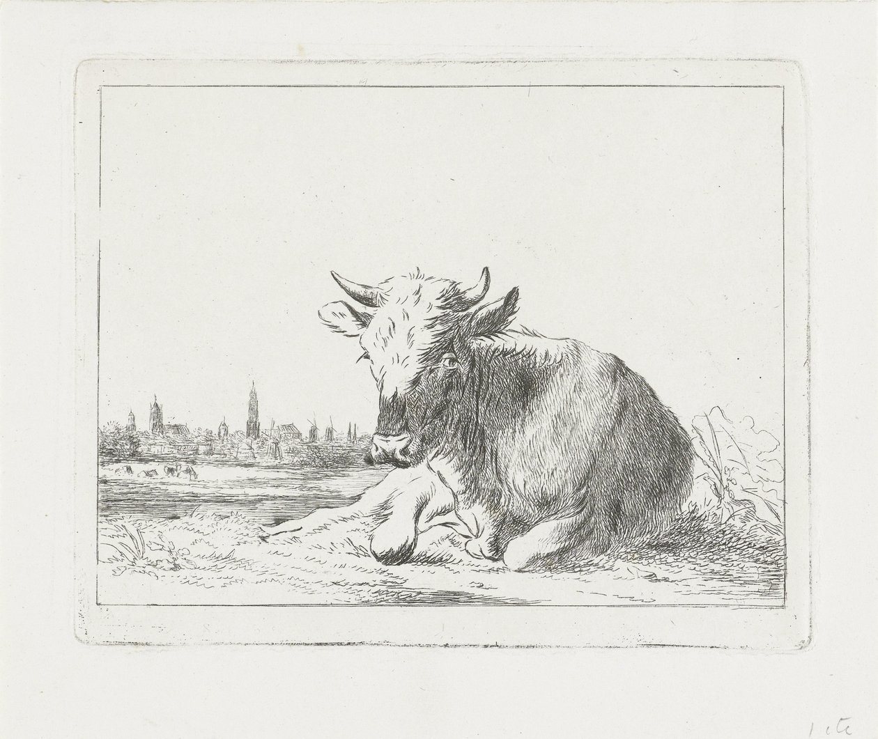 Mucca sdraiata, con una città sullo sfondo da Jacobus Cornelis Gaal