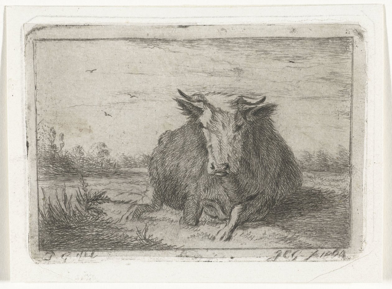 Mucca sdraiata vista di fronte da Jacobus Cornelis Gaal