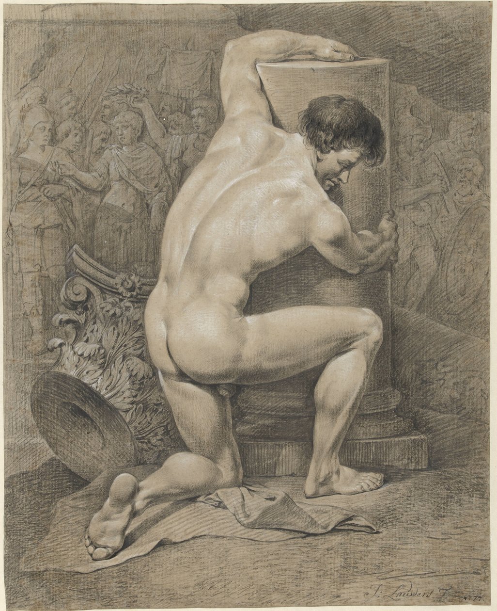 Nudo maschile inginocchiato, con le braccia attorno a una colonna da Jacobus Johannes Lauwers
