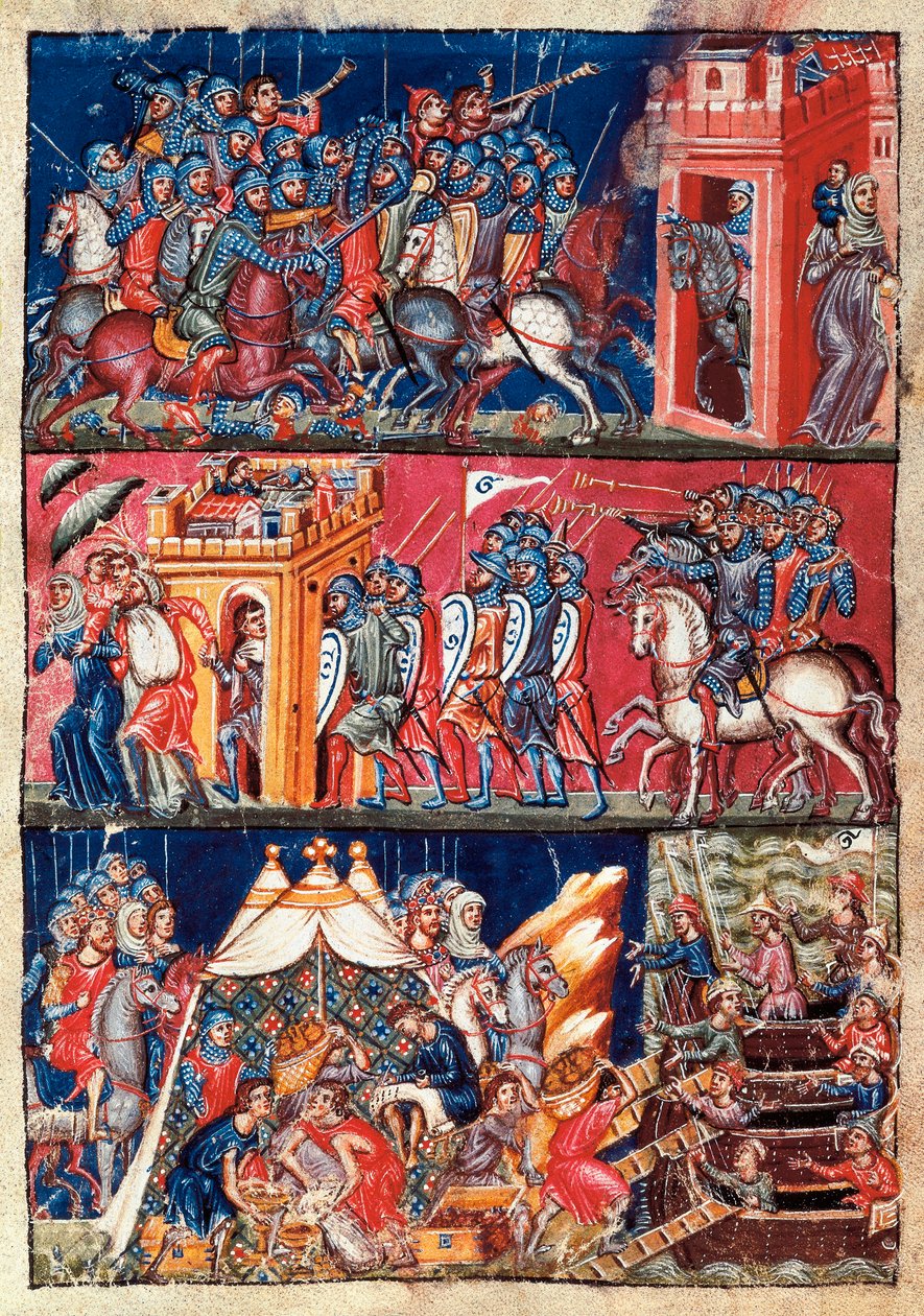 Il primo saccheggio di Troia. Miniatura dipinta dalla Historia destructionis Troiae da Jacome Cromberger