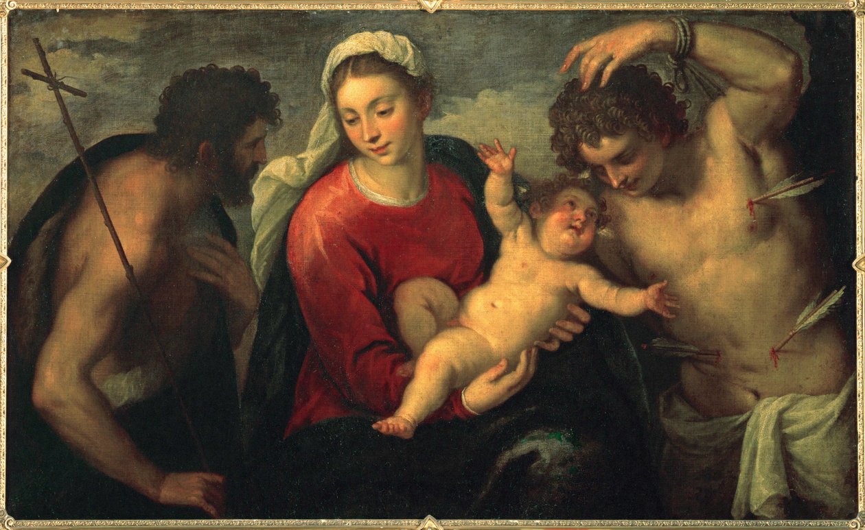 Vergine e bambino con Giovanni Battista e San Sebastiano ... (dipinto su tela) da Jacopo (c.1480-1528) Palma