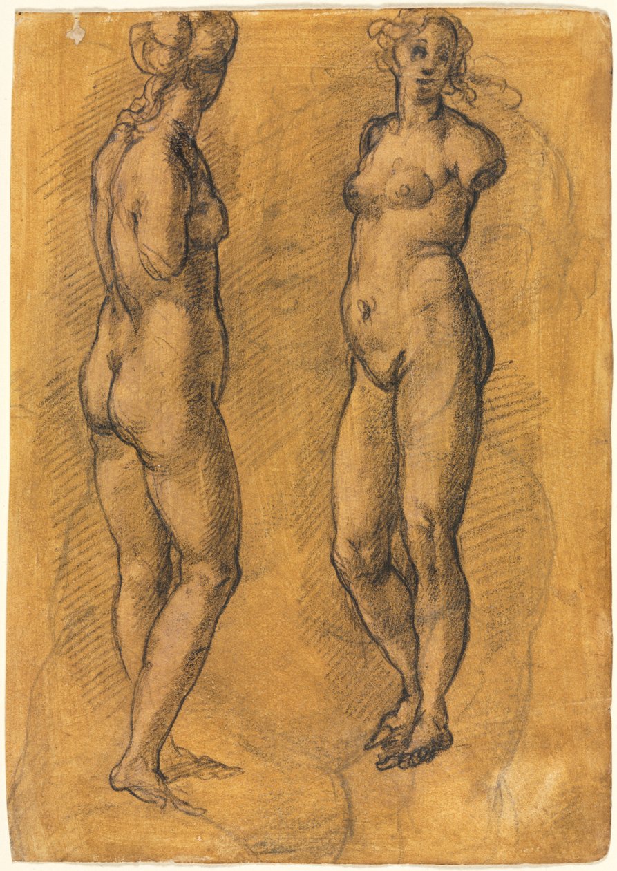 Copia di una statua antica di una donna in piedi due viste, sopra uno schizzo di un putto, 1570s da Jacopo Chimenti