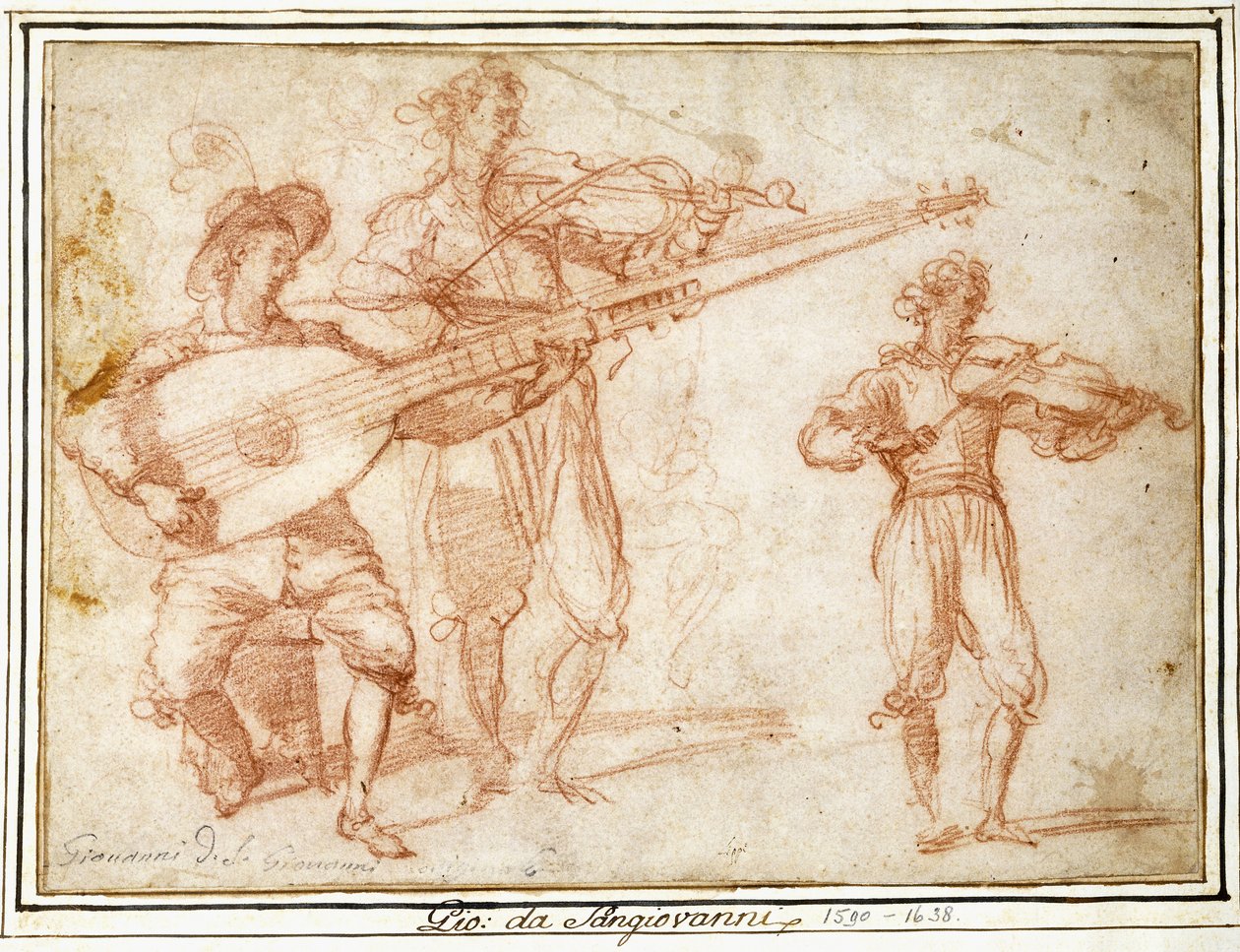 Due musicisti che suonano un chitarrone e un violino, con uno studio sussidiario del secondo musicista da Jacopo Confortini