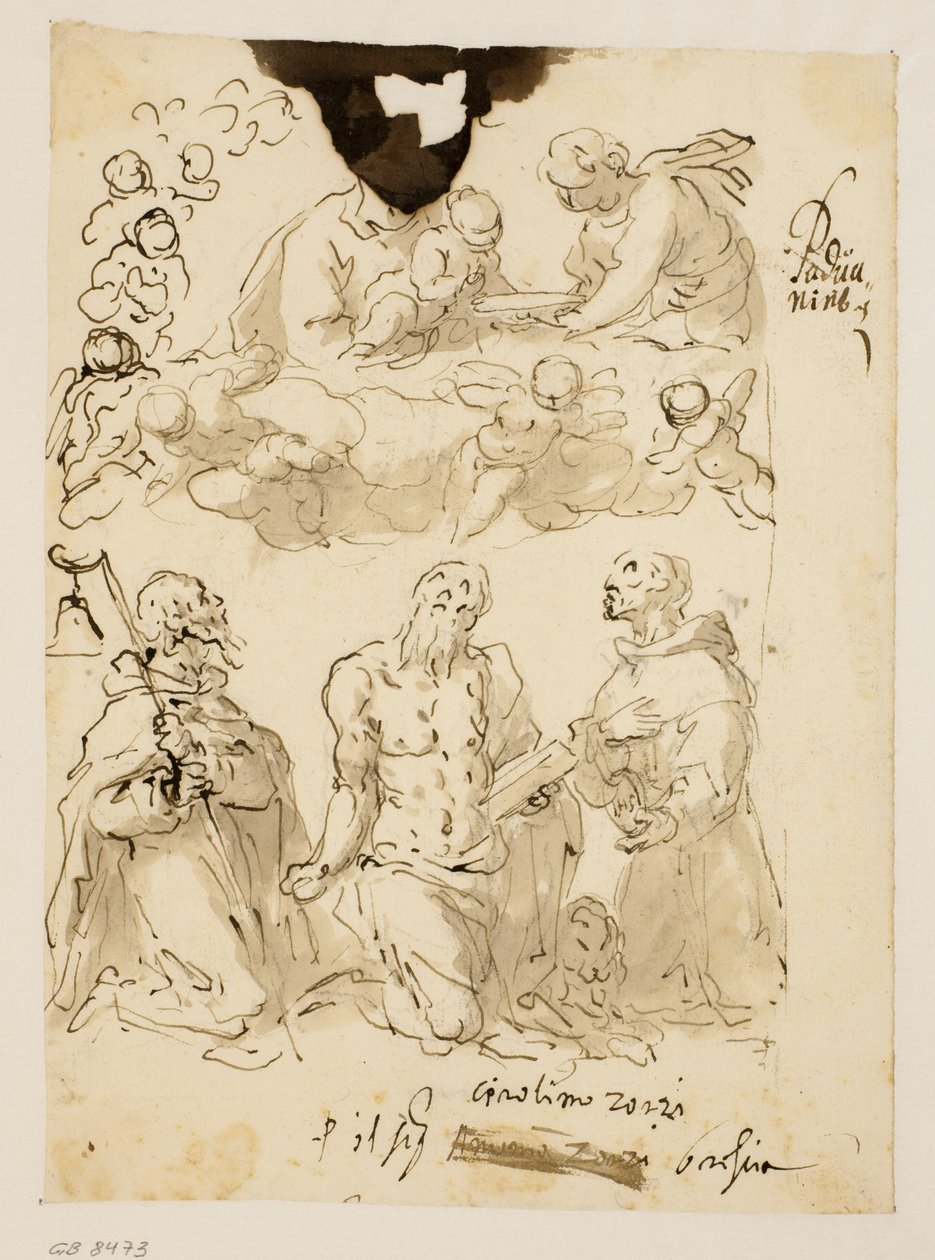 Santi Antonio, Girolamo e Bernardino in ginocchio, con la Vergine e il bambino Cristo circondati da angeli bambini da Jacopo Palma