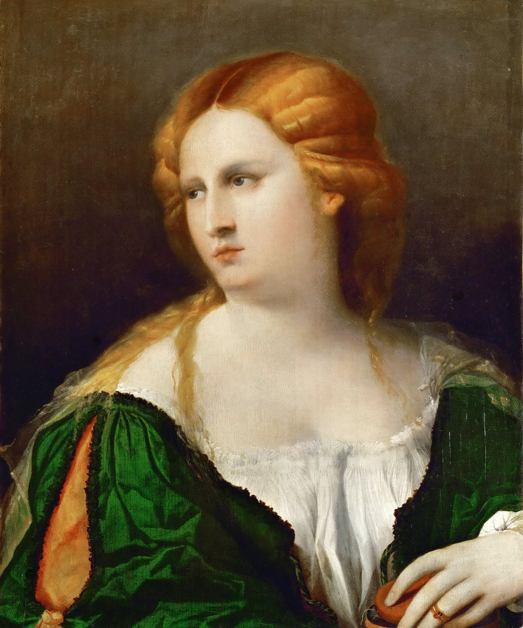 Giovane donna in un vestito verde, una scatola in mano, ca 1514 da Jacopo Palma il Vecchio the Elder