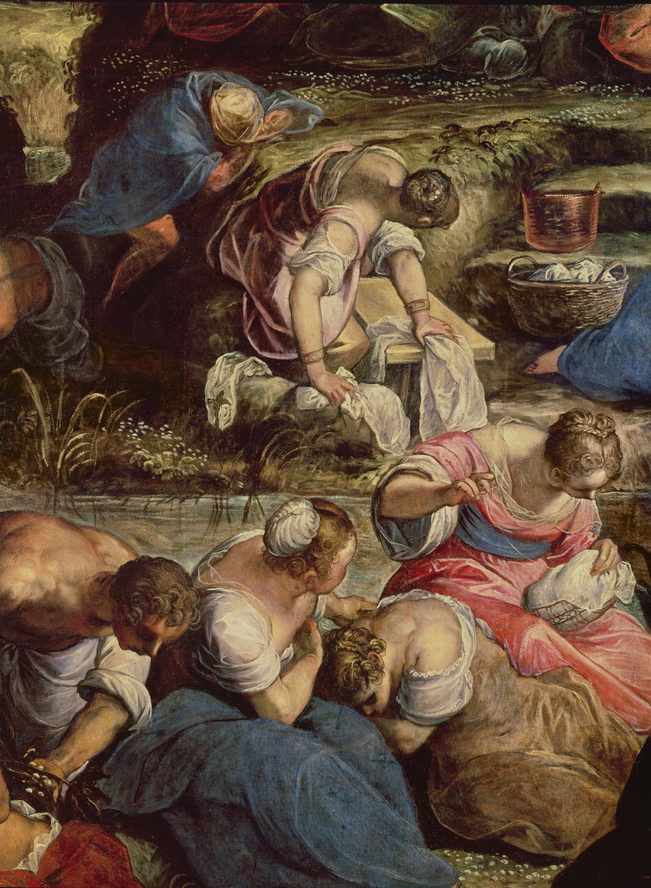 La raccolta della manna (dettaglio centrale: donna che cuce) da Jacopo Robusti Tintoretto