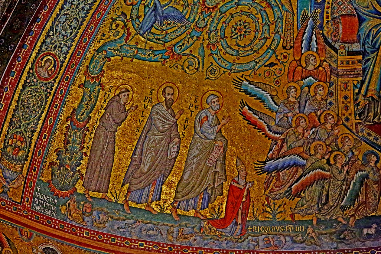 San Francesco, San Paolo, San Pietro, Papa Niccolò IV e angeli alla Coronazione della Vergine, abside, c.1290 da Jacopo Torriti