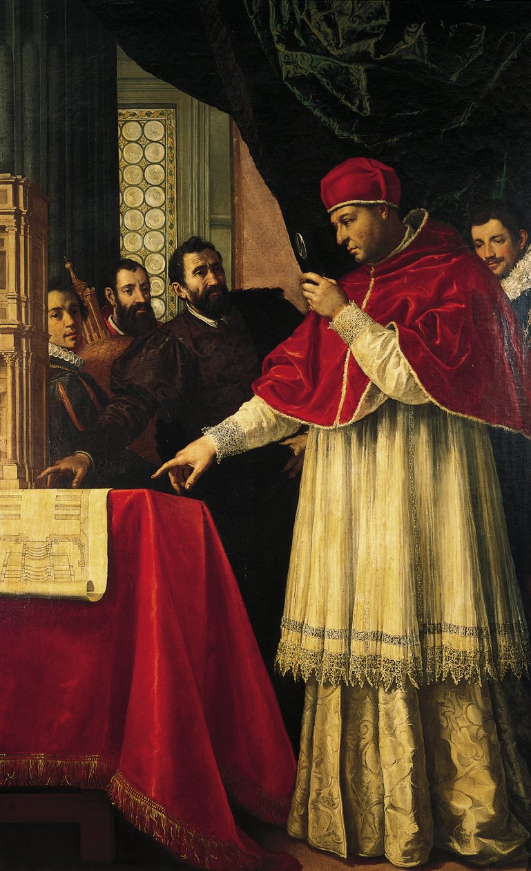 Michelangelo presenta modelli per la facciata di San Lorenzo, la Biblioteca Laurenziana e le tombe Medicee a Papa Leone X e al Cardinale Giulio de Medici da Jacopo da Empoli (and workshop)