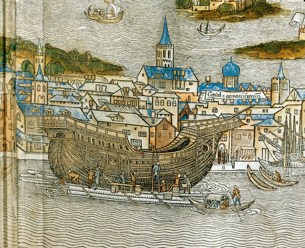 Costruzione di una galea in un cantiere navale di Venezia, da Peregrinatio in Terram Sanctam, stampato per la prima volta in latino nel 1486... (xilografia) da Jacopo de
