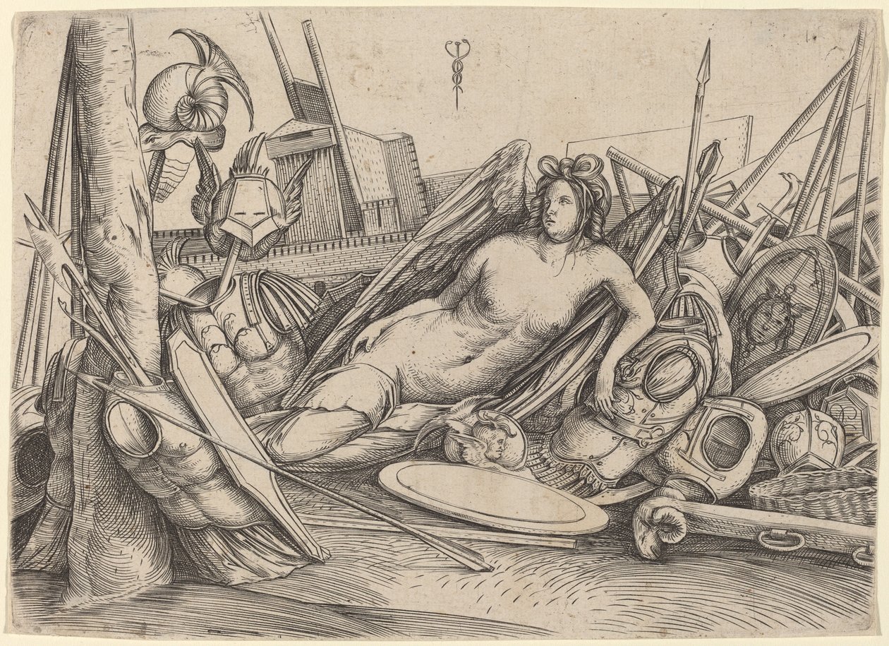 Vittoria reclinata tra trofei da Jacopo de Barbari