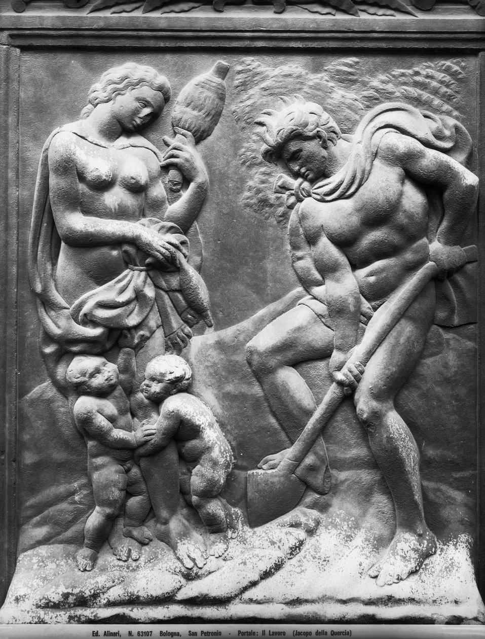 Adamo ed Eva costretti a lavorare, pannello della Porta Magna, c.1430 (marmo) da Jacopo della Quercia