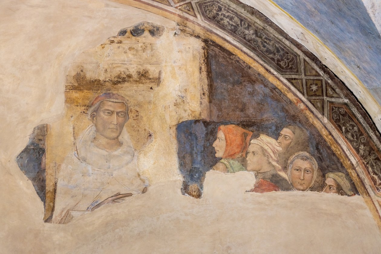 Lunetta con figura di un santo e cinque figure non identificate da Jacopo di Cione