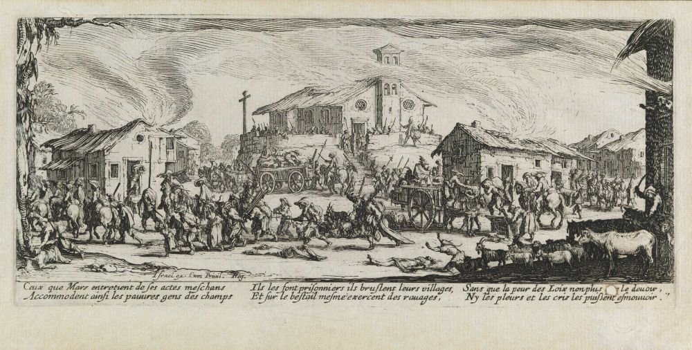 Saccheggio e incendio di un villaggio Les miseres et les mal-heures de la guerre, pl. 7 da Jacques Callot