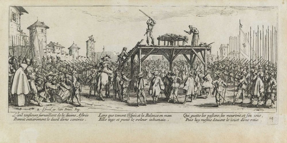 La tortura della ruota Les miseres et les mal-heures de la guerre, pl. 14 da Jacques Callot