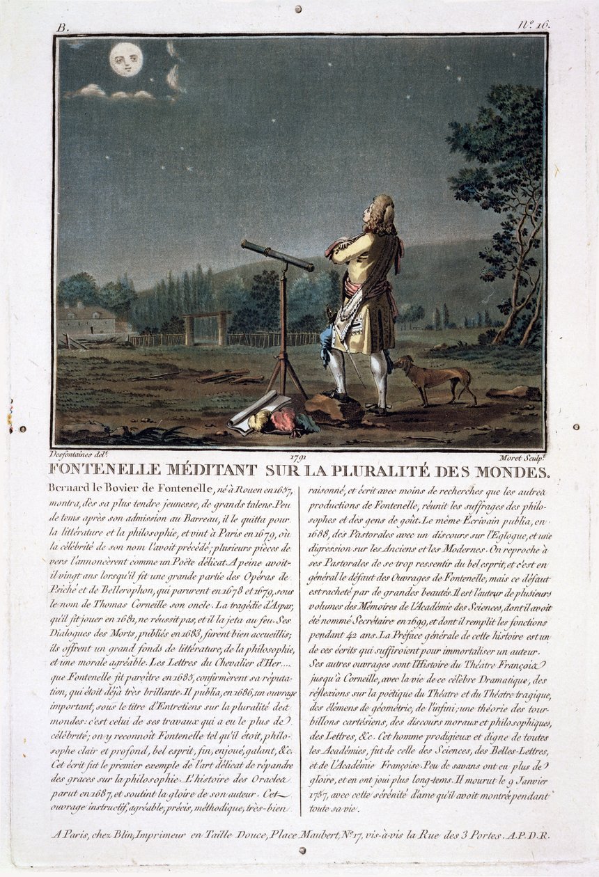 Bernard le Bovier de Fontenelle (1657-1757) che contempla la pluralità dei mondi, inciso da Jean Baptiste Morret, 1791 da Jacques Francois Joseph Swebach